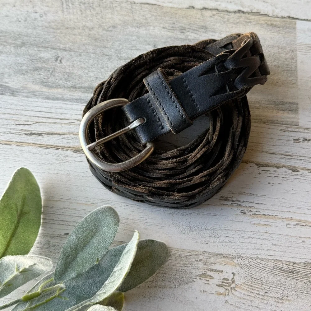 Vintage Dark Brown Leather Belt Open Weave Braided Woven Unisex OSFM (44/110)
